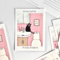 Kissa-aiheinen kortti jossa kissa istuu lavuaarilla
